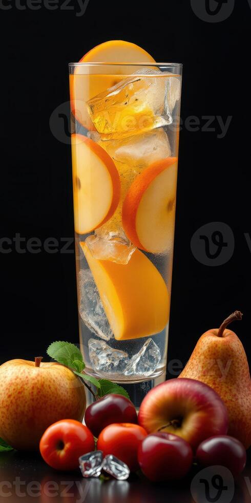 Refreshing fruit cocktail with slices of peach and pear surrounded by fresh apples photo