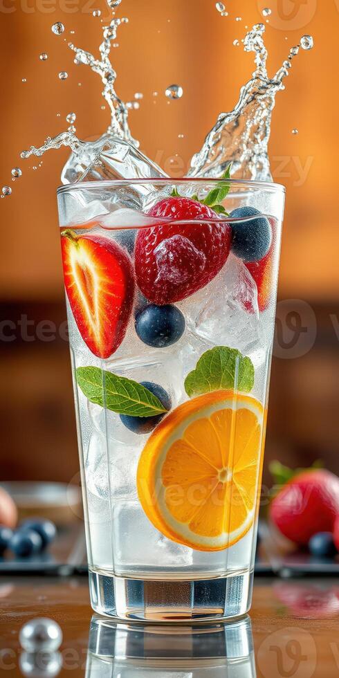 Refreshing summer beverage with fresh fruits and ice splashing in a clear glass photo