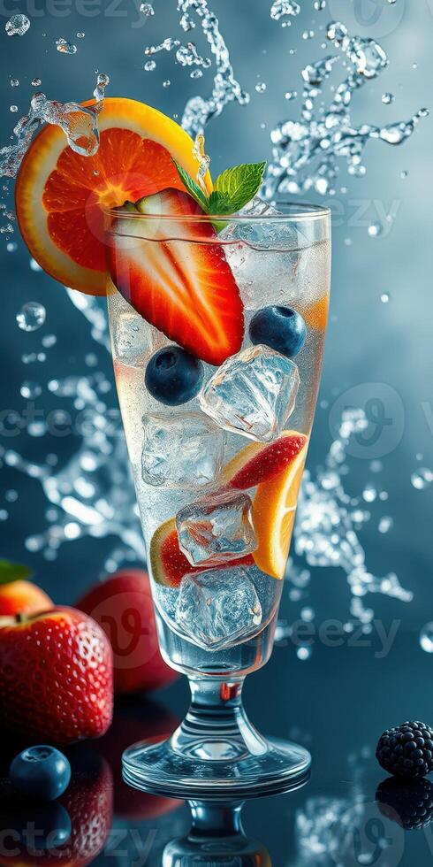 Refreshing summer drink with vibrant fruits and ice splashing in a glass photo