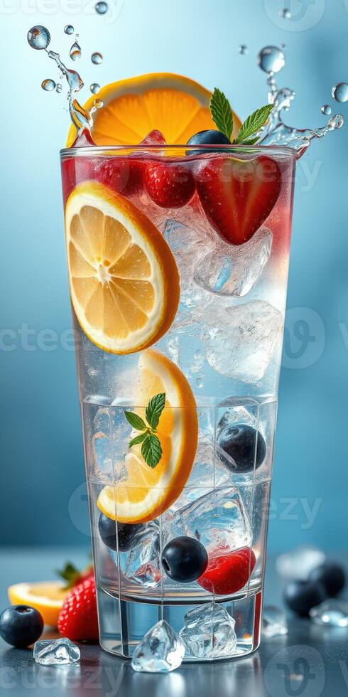 Refreshing summer beverage served in a tall glass with ice, fruits, and mint leaves on a blue background photo
