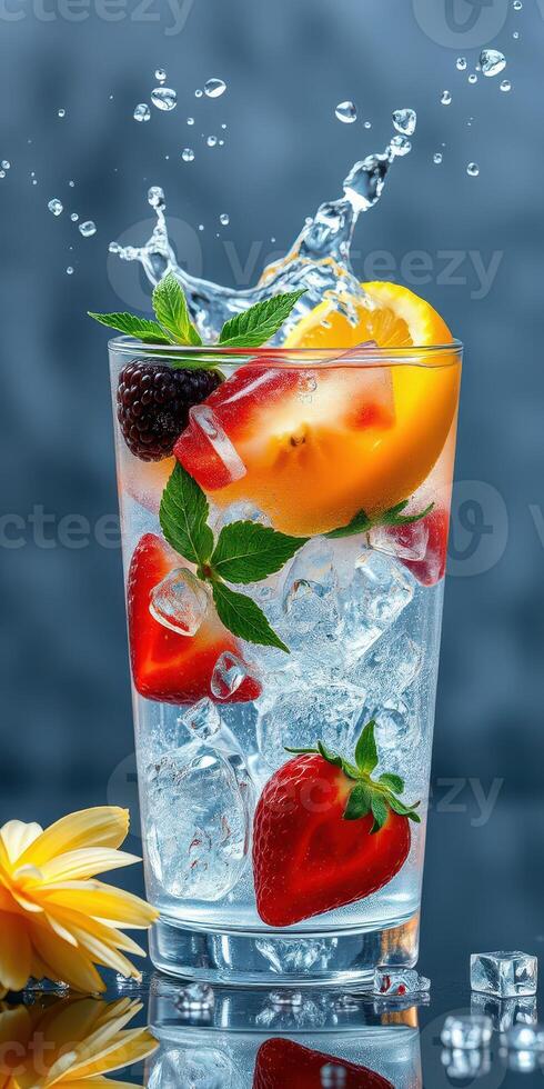 Refreshing cocktail with colorful fruits splashing in a glass filled with ice and mint leaves photo