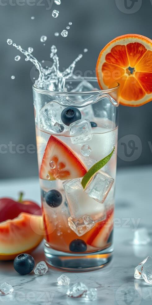 Refreshing fruit drink with ice cubes and splash captured in vibrant detail photo