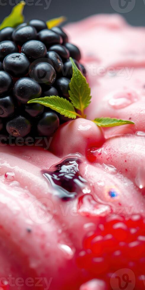 Fresh dessert featuring blackberries and a mint leaf on a vibrant pink background during a sunny afternoon photo