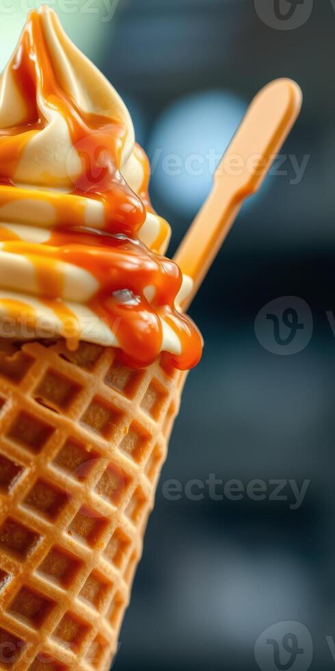 Delicious ice cream cone topped with caramel sauce in a vibrant setting photo