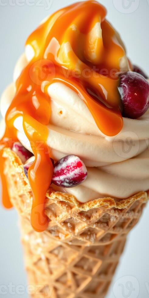 Delicious ice cream cone topped with caramel and berries in a bright setting photo
