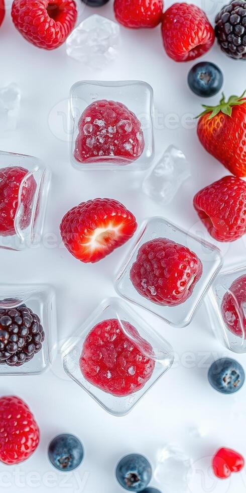 Fresh raspberries and strawberries frozen in ice cubes with blueberries on a white background photo
