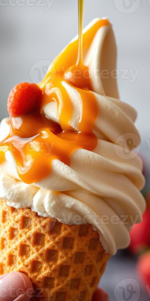 Soft serve ice cream cone topped with caramel and a berry in a dessert setting photo