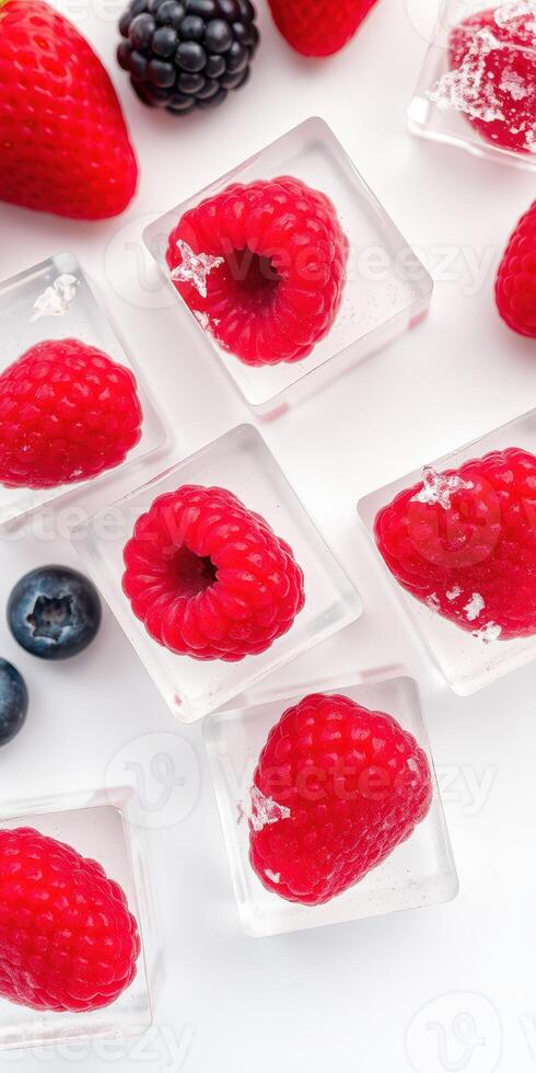Fresh raspberries and blueberries frozen in ice cubes for a refreshing summer treat photo