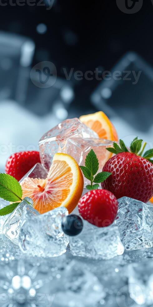 Fresh fruit arrangement with ice featuring strawberries and oranges, perfect for summer beverages and desserts photo