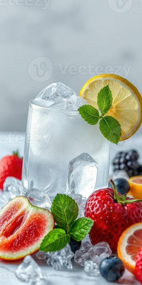 Refreshing drink with ice and fresh fruits displayed on a blue surface during daylight photo