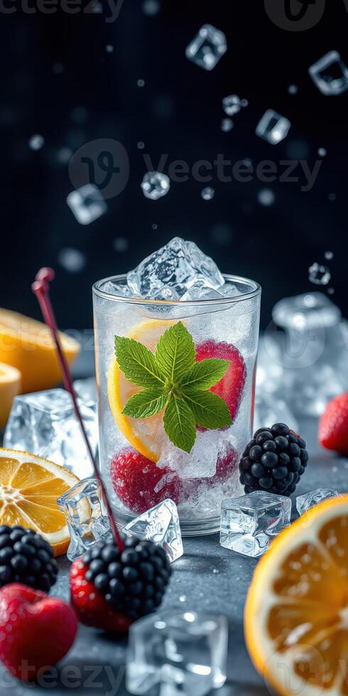 Refreshing summer cocktail with mixed berries, citrus slices, and mint on a dark background with ice photo