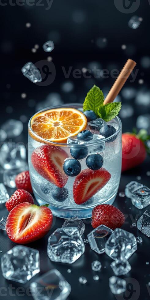 Refreshing summer beverage with fruits and ice cubes in a stylish glass on a dark background photo