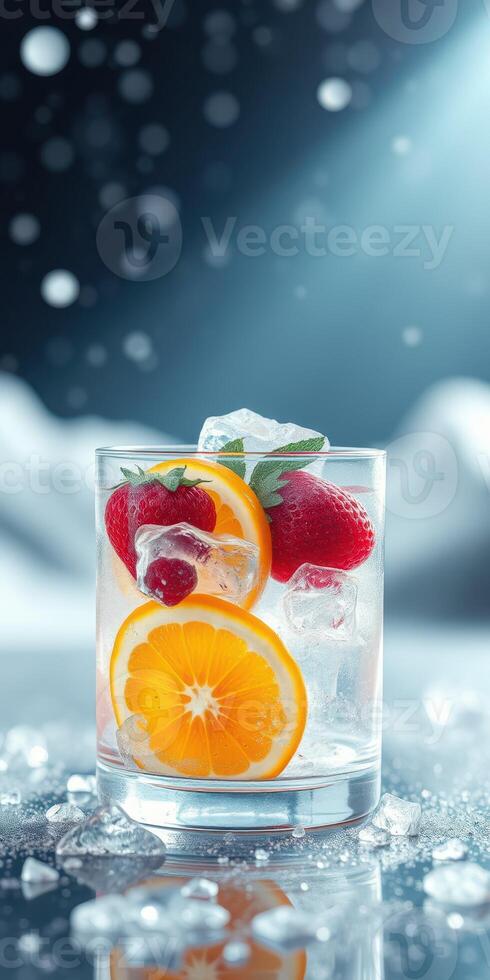 Refreshing summer drink with strawberries and orange slices served over ice against a cool background photo