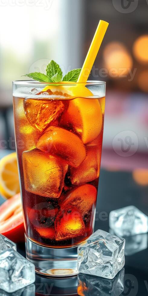 Refreshing iced tea drink served with ice cubes and garnished with mint at a summer gathering photo