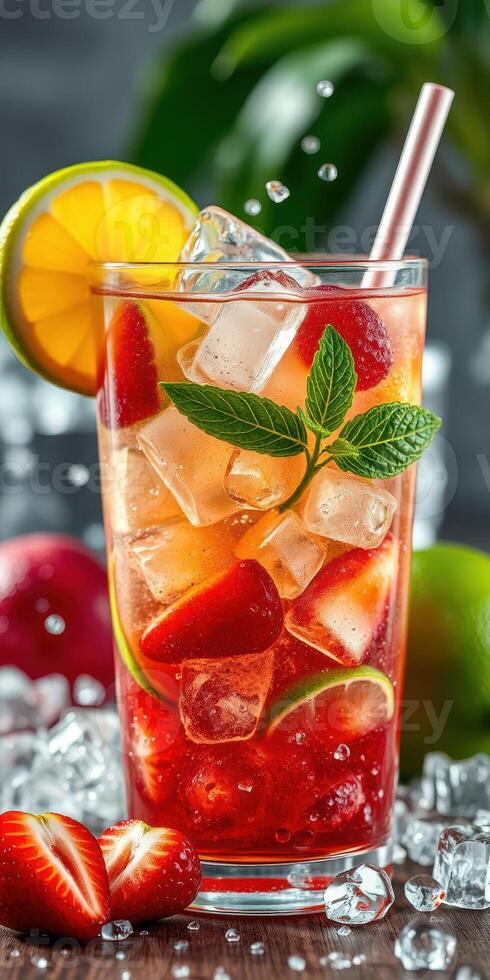 Refreshing summer cocktail with strawberries, lime, and mint served in a tall glass photo