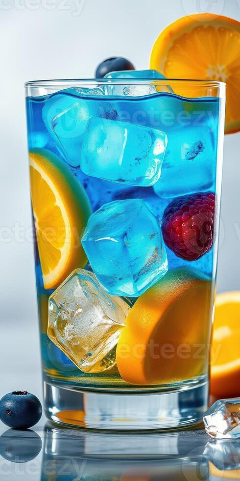Refreshing blue drink with fruit and ice in a glass on a bright surface photo