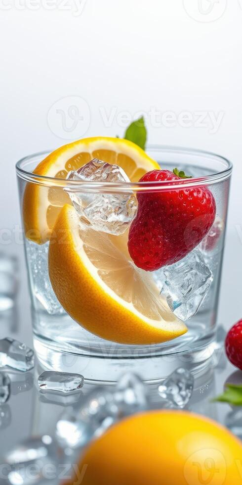 Refreshing drink with fresh strawberries and lemon slices on ice in a glass photo