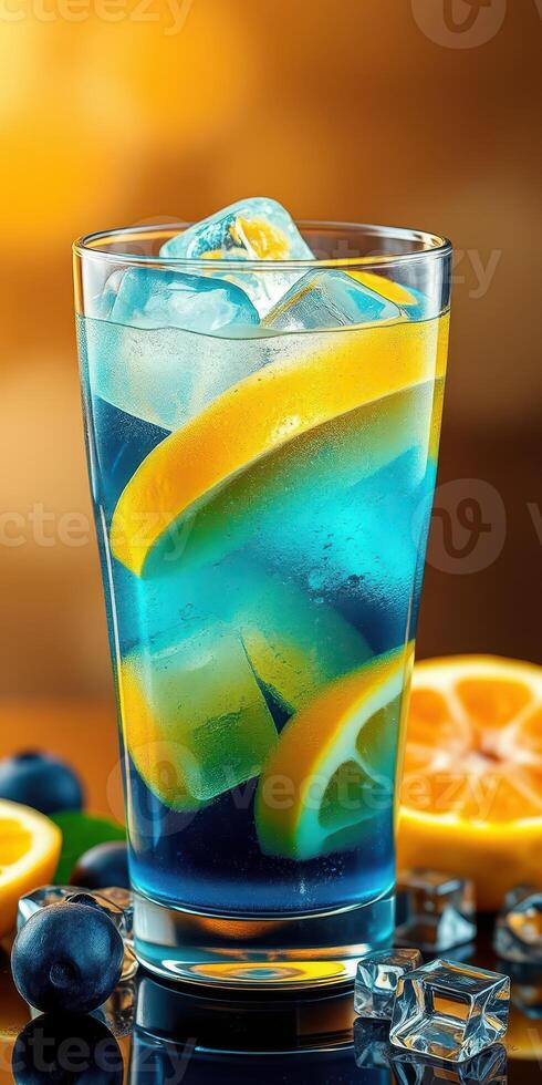 Refreshing blue citrus drink with ice and fruit garnishes during a sunny afternoon photo