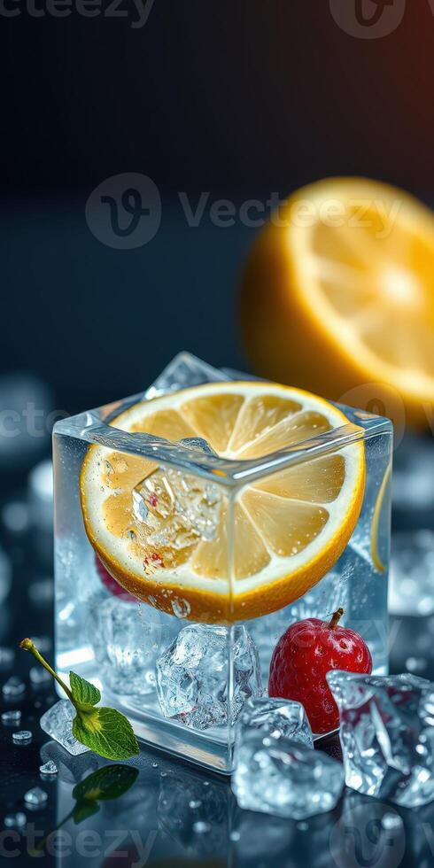 Refreshing lemonade ingredients displayed with ice and fruit garnishes on a dark background photo