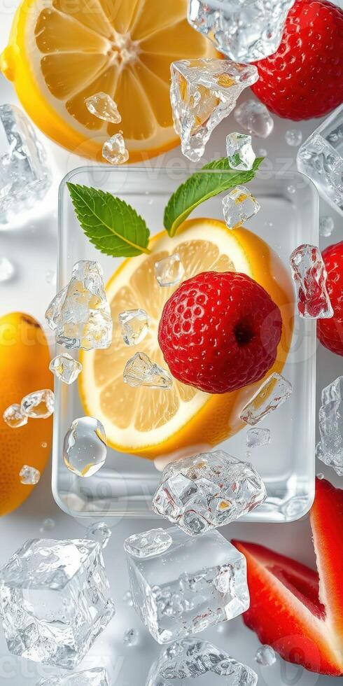 Fresh fruits and ice cubes create a vibrant summer drink experience with lemons and strawberries photo