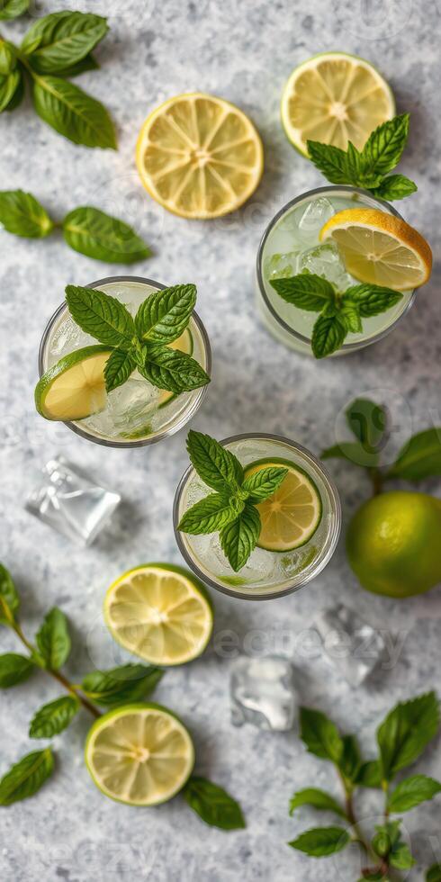 Refreshing mint and citrus beverages on a gray tabletop with ice and lime slices photo