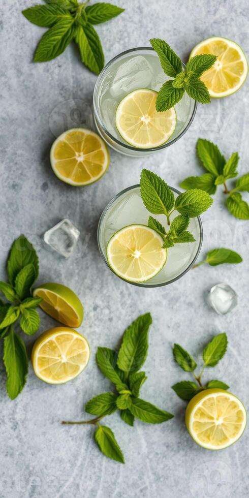Refreshing lemon mint drinks served with fresh ingredients on a textured surface photo