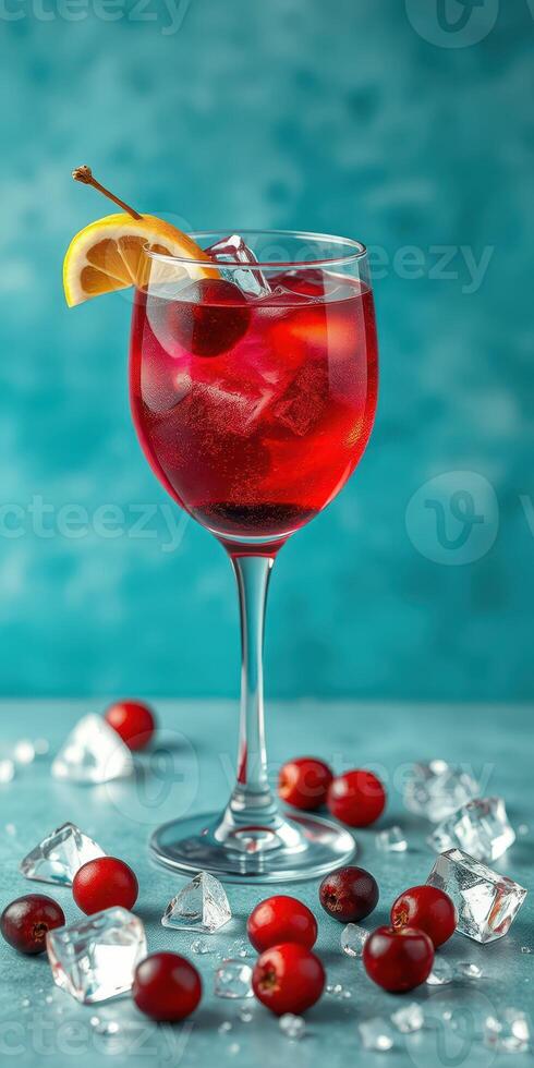 Vibrant fruit cocktail garnished with lemon slice served in a clear glass on a teal background photo