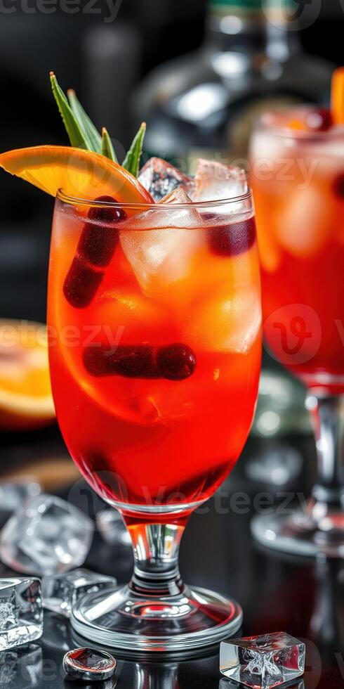 Vibrant summer cocktail served in a glass with fresh fruit garnishes at a lively bar during evening hours photo