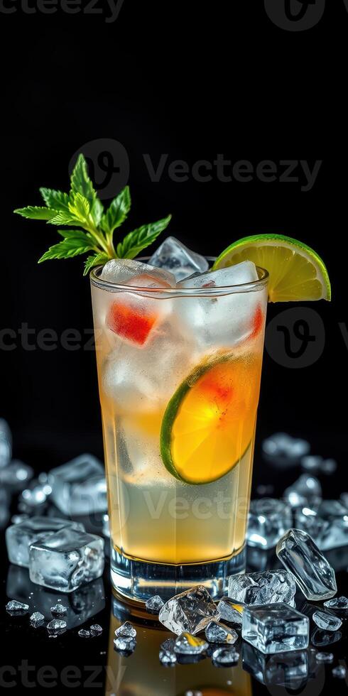 Refreshing summer cocktail with fruit garnishes and ice on a dark background photo