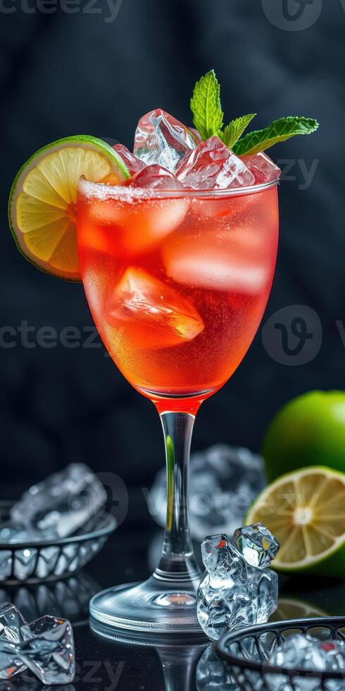 Refreshing summer cocktail with ice, lemon, and mint served in a stylish glass photo