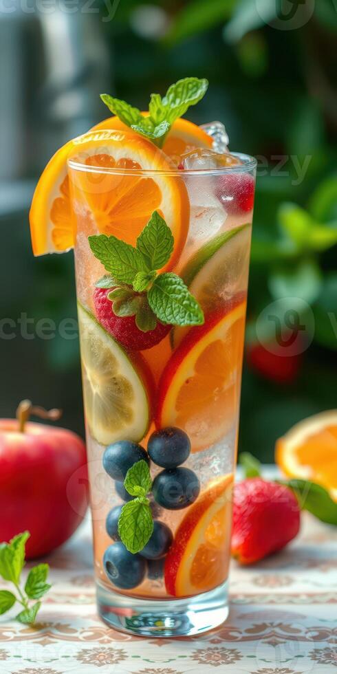 Refreshing fruit cocktail with vibrant berries and citrus, perfect for a summer day photo