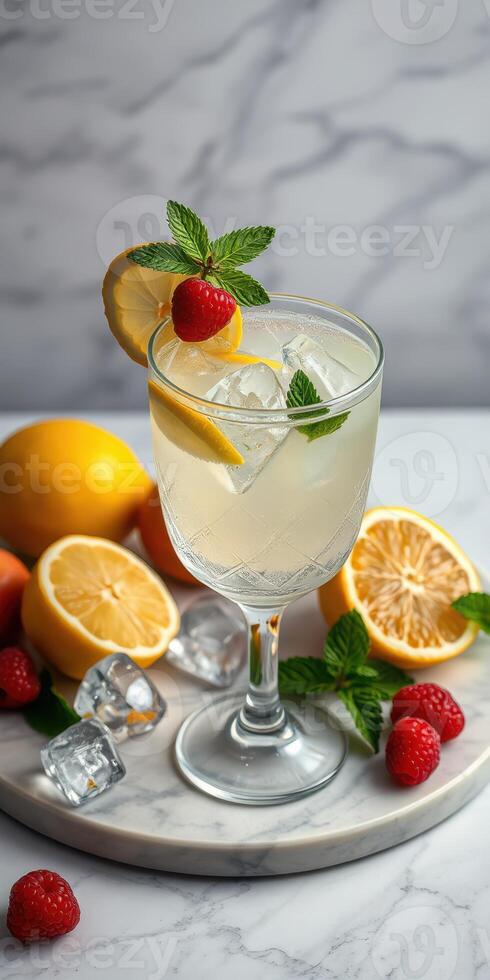 Refreshing lemon mint beverage garnished with fresh raspberries and lemon slices on marble surface photo