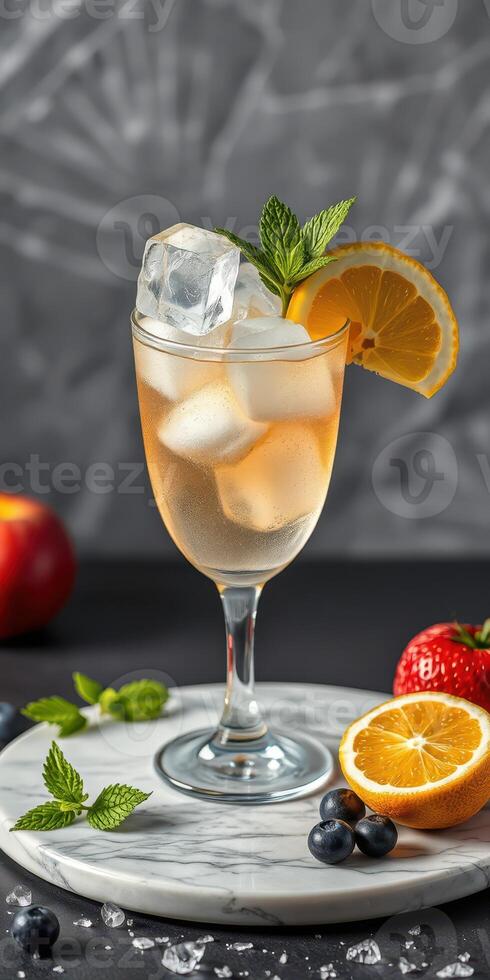 Refreshing beverage with fruits and mint on a marble surface in a bright setting photo