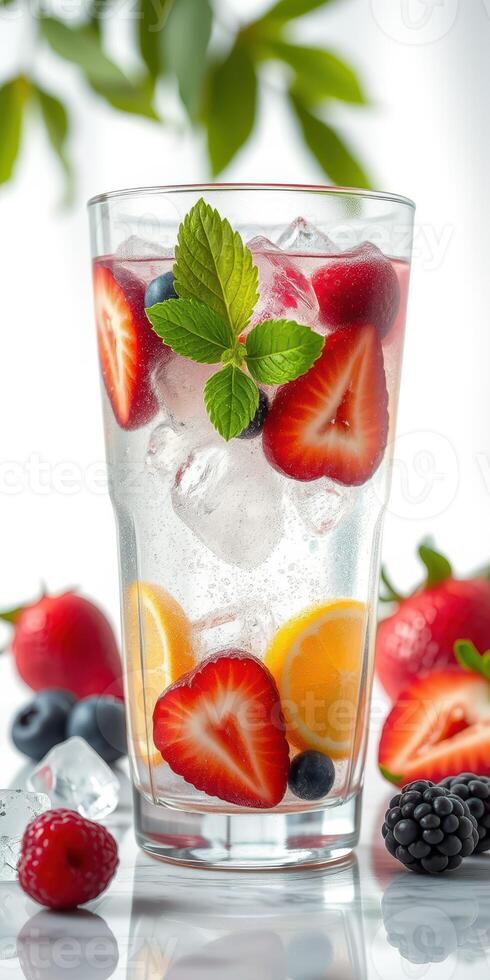 Refreshing fruit-infused beverage served in a tall glass with mint leaves and ice during bright afternoon light photo