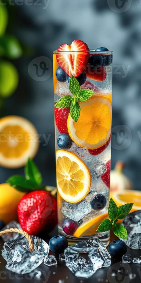 Refreshing fruit-infused drink with citrus and berries in a tall glass on a rustic table photo