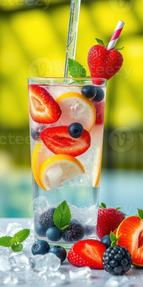 Refreshing summer drink with fresh fruits and mint served in a tall glass by the poolside photo