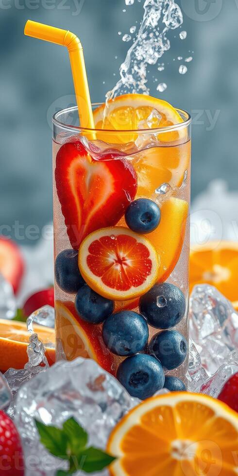 Refreshing fruit cocktail bursting with colors and flavors on ice for a vibrant summer drink photo