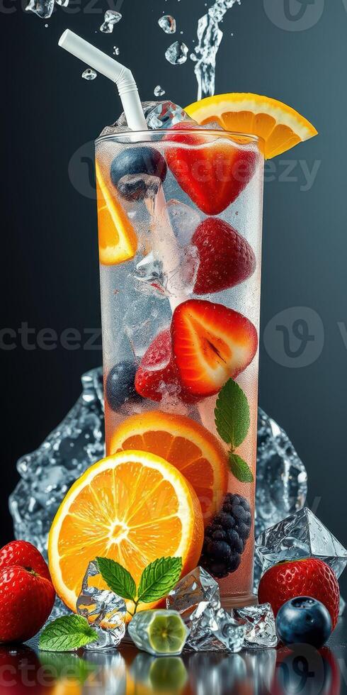 Refreshing fruit cocktail with ice served in tall glass with mint leaves and citrus slices photo