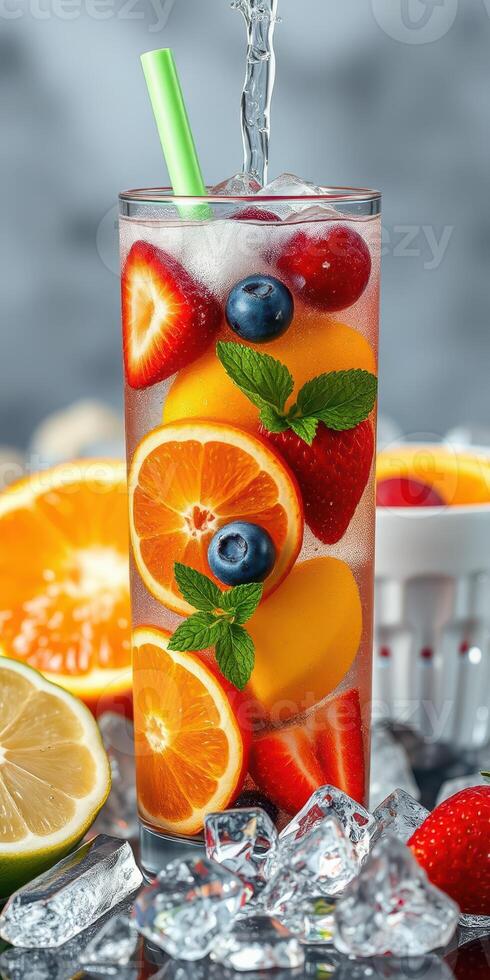 Refreshing fruit cocktail with ice and mint adorned in a tall glass photo