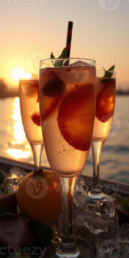 Enjoying refreshing cocktails by the sunset on a serene waterfront, with citrus fruit garnishes adding flavor to the scene photo