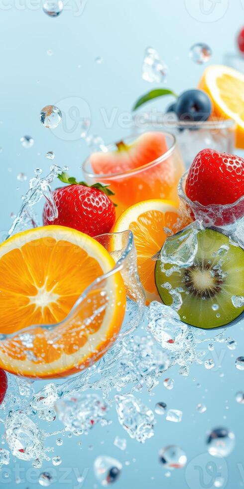 Fresh fruits and vibrant splashes of water create a lively summer drink experience photo