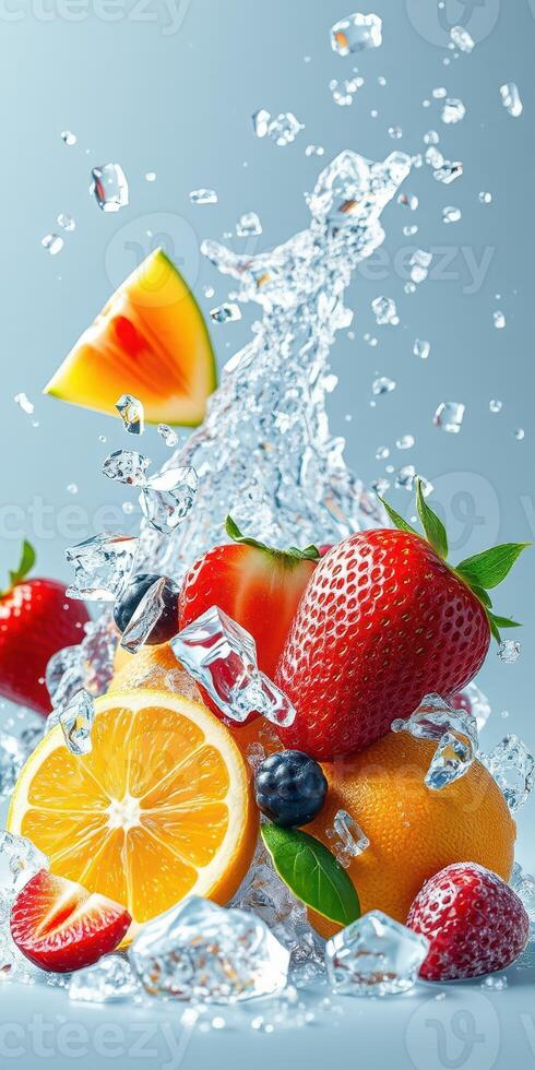 Fresh fruit splashes with water and ice creating a vibrant burst of color and refreshment photo