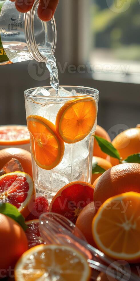 Refreshing citrus drink prepared with vibrant oranges and sparkling water in a bright kitchen setting photo
