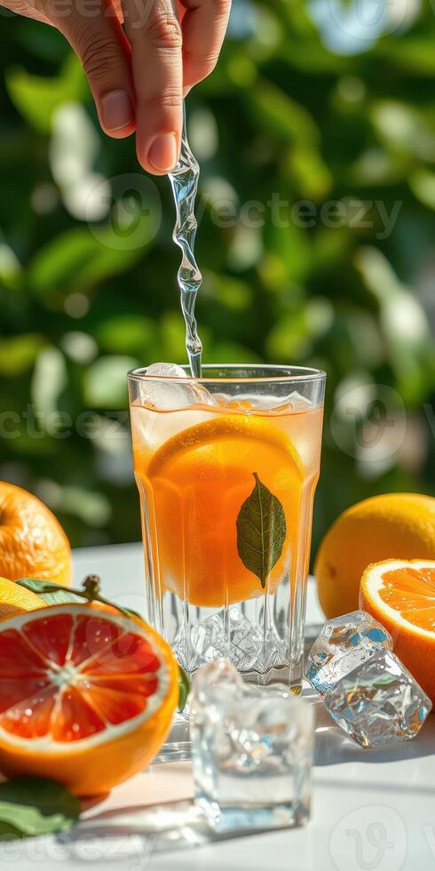 Refreshing citrus drink with ice and fresh slices on a bright sunny day photo