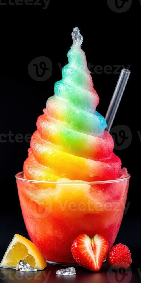 Colorful rainbow snow cone with fresh fruit and straw served in a clear cup photo