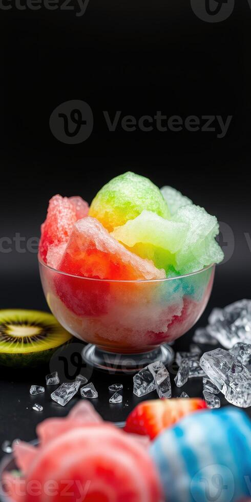 Colorful shaved ice dessert served in a bowl with fresh fruit and ice cubes on a dark background photo