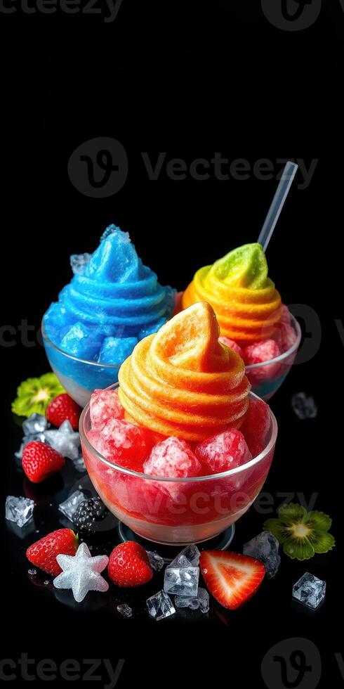Colorful frozen treats in bowls served with ice and fresh fruit on black background photo