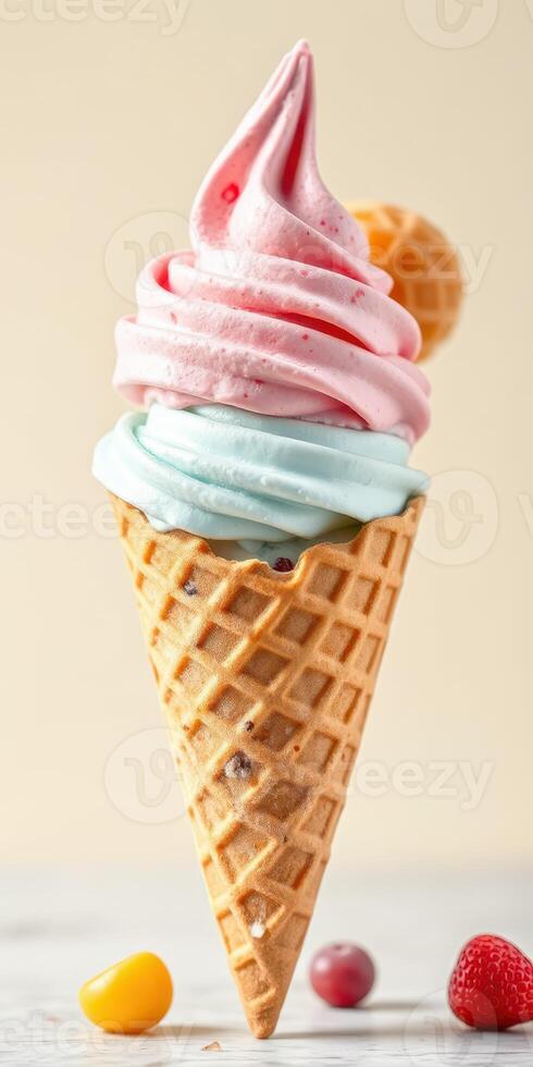 Colorful ice cream cone with pink and blue swirls topped with a wafer on a light background photo