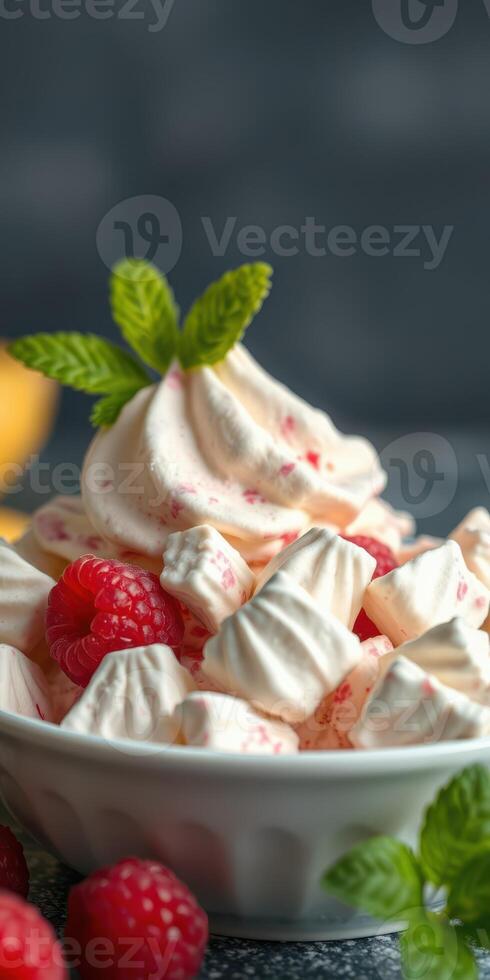 Delicious dessert featuring whipped cream, meringue, and fresh raspberries served in a white bowl photo