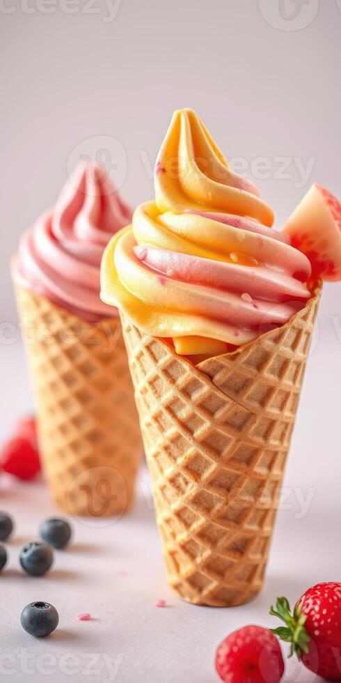Delicious soft serve ice cream cones with fruity flavors displayed on a neutral background photo